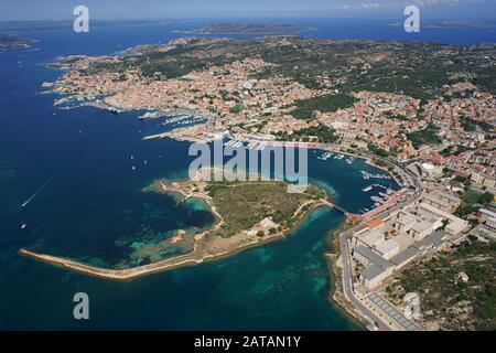 AERIAL VIEW. Overall view of the city of La Maddalena. Province of Olbia-Tempio, Sardinia, Italy. Stock Photo