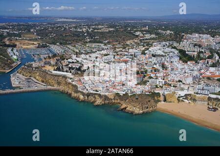 AERIAL VIEW. Seaside resort of Albufeira. Algarve, Portugal. Stock Photo