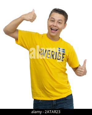 Cheering soccer fan from Sweden isolated on white background for cut out Stock Photo