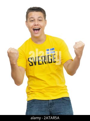 Cheerful soccer fan from Sweden isolated on white background for cut out Stock Photo