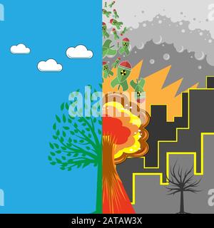 Green Tree and Atomic Bomb with Radiation Sign. Nuclear Rocket. Weapon Icon. Explode Flash, Cartoon Explosion Stock Vector