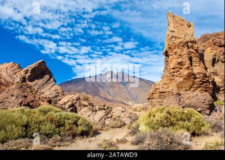 Teide national park on Canary Island Tenerife is the most popular destination for tourists. In the middle the volcano Teide. Stock Photo