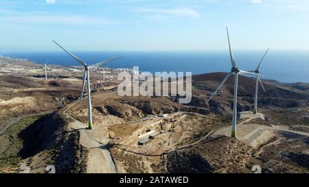 Drone shot from windmills near the coast on the Canary Island Tenerife. Stock Photo