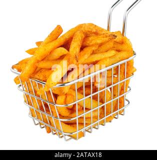 French fries in a small wire frying basket isolated on a white background Stock Photo
