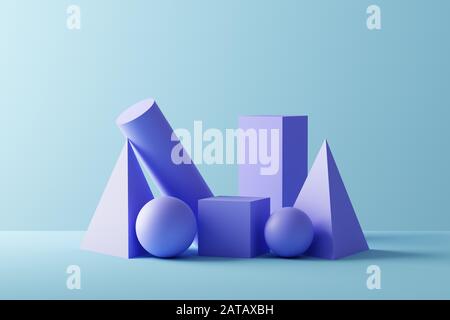 Multiple geometric shapes organized in perfect harmony over blue background - 3D Rendering Stock Photo