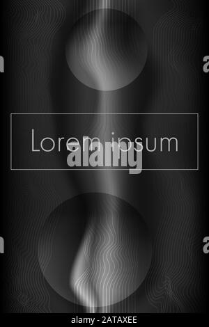 Black and white geometric background with two circles and warp line. Template for presentation, brochure, backdrop design, flyer, poster, cover. Stock Vector