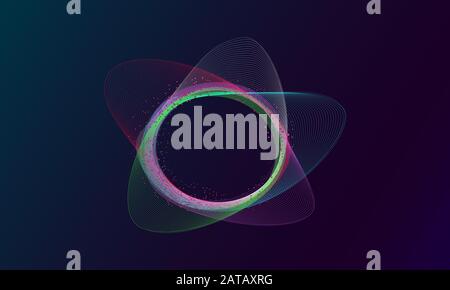 Abstract particles that use design elements. A wave of many purple lines surrounds the ring. Abstract wavy stripes on a dark .Vector Stock Vector