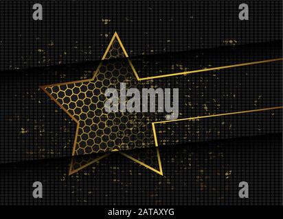 Gold abstract stars on dark background. Gold glitter star. Banner, poster template. Dark color luxury stars background Stock Vector