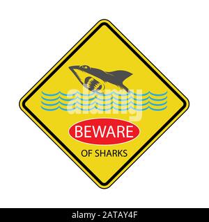 Danger Shark Zone. Beware of Sharks. Yellow Square Warning Sign. Dangerous Sea Life. Swim at Own Risk. Stock Vector