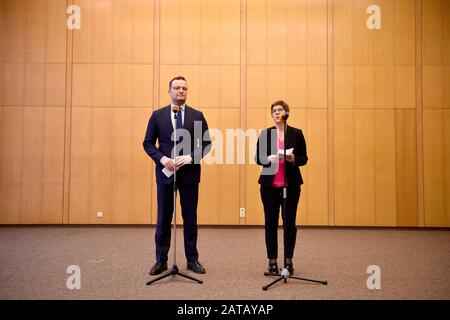 Bonn, Germany. 01st Feb, 2020. At a press conference, Annegret Kramp-Karrenbauer (CDU), Federal Minister of Defence, and Jens Spahn (CDU), Federal Minister of Health, explain the further procedure after the pickup of Germans from China. Credit: Caroline Seidel/dpa/Alamy Live News Stock Photo