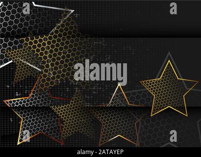 Gold abstract stars on dark background. Gold glitter star. Banner, poster template. Dark color luxury stars background Stock Vector