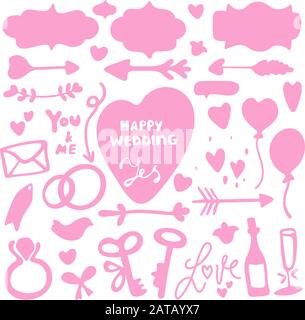 Wedding doodle icons set in pink colors. Modern minimal flat design style. Phrases - Yes, You and Me, Happy Wedding, Love. Frames for your text Stock Vector