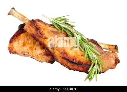Two grilled tomahawk pork chops isolated on a white background Stock Photo