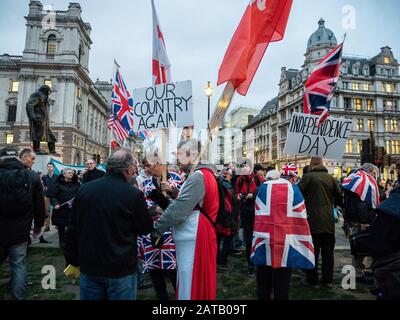 Brexit day 31st Jan 2020 and people congregate in Parliament square, London, England Stock Photo