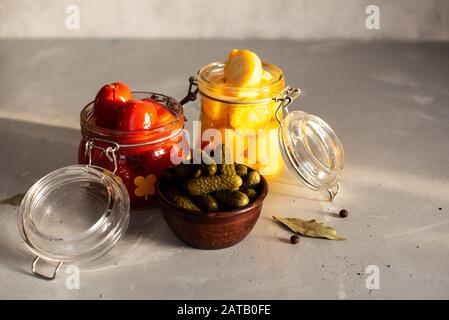 Fermented vegetables in jars. Vegetarian food concept. Stock Photo