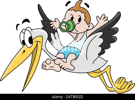 Cartoon stork carrying the newborn baby vector illustration Stock Vector