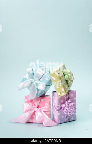 Set of gift boxes with bows and confetti on a white background Stock ...