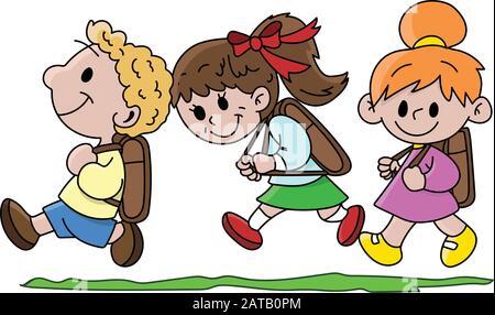 Cartoon children with their backpacks walking towards school happily vector illustration Stock Vector