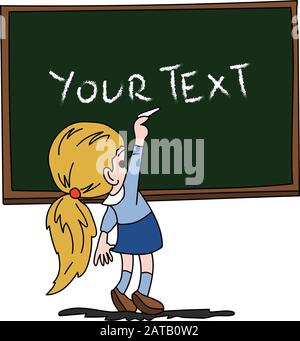 Blond cartoon girl making calculations on chalkboard vector illustration Stock Vector