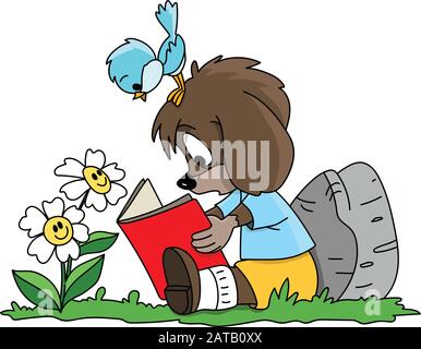 Cartoon dog reading a book sitting on grass with his blue bird and daisy flower friends vector illustration Stock Vector