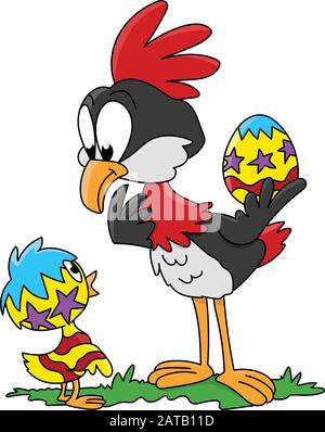 Cartoon bird looking at her newly hatched chick vector illustration Stock Vector