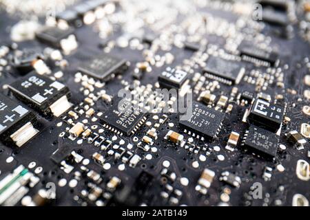 close-up of electronic circuit board with processor, Fragment of the electronic circuit - computer board with chips and components Stock Photo