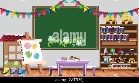 Classroom scene with chalkboard and bookshelf illustration Stock Vector ...