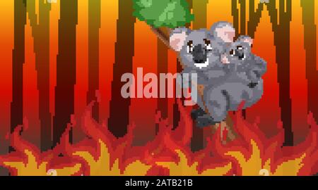 Scene with big wildfire burning koalas in the forest  illustration Stock Vector