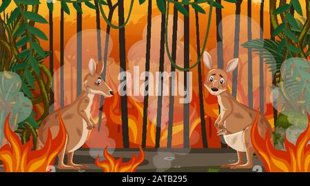 Scene with big wildfire with animal trapped in the forest illustration Stock Vector