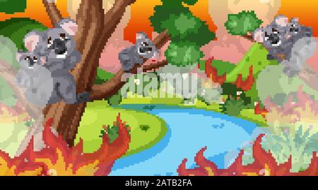 Scene with big wildfire in the forest full of koalas illustration Stock Vector