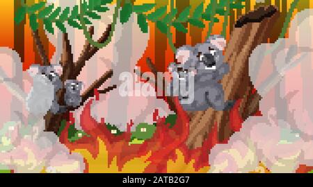 Scene with big wildfire with animal trapped in the forest illustration Stock Vector