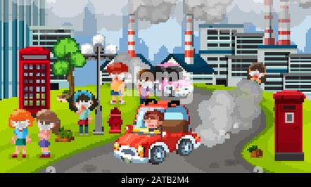 Scene with cars and factory buildings making dirty smoke in the city illustration Stock Vector