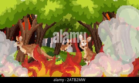 Scene with big wildfire with animal trapped in the forest illustration Stock Vector