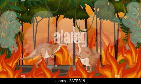 Scene with big wildfire with animal trapped in the forest illustration Stock Vector