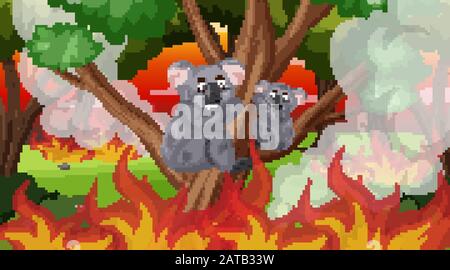 Scene with big wildfire in the forest  illustration Stock Vector