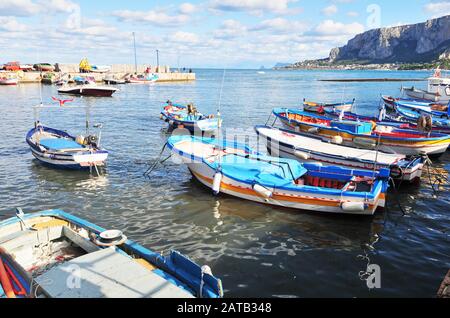 Sicily, Palermo, Mondello: Harbour at Mondello Beach, Palermo Province, in the Autumn Sunshine. Stock Photo