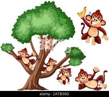 Big tree and cute monkeys on white background illustration Stock Vector