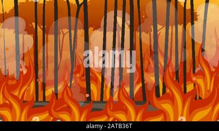 Scene with big wildfire with animal trapped in the forest illustration Stock Vector