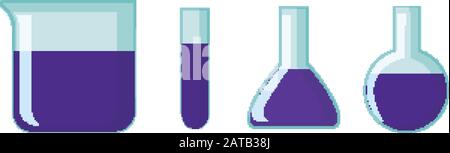 Set of science containers with blue liquid inside illustration Stock Vector