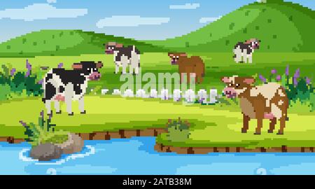 Background scene with many cows on the farm illustration Stock Vector