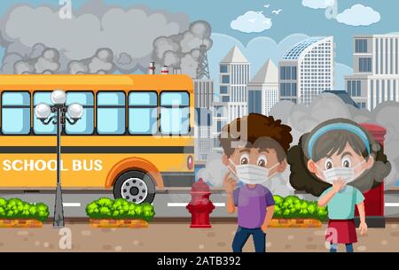 Scene with cars and factory buildings making dirty smoke in the city illustration Stock Vector