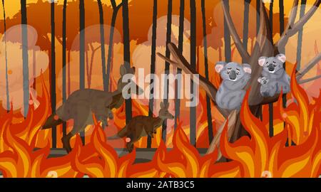 Scene with big wildfire with animal trapped in the forest illustration Stock Vector