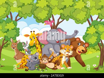 Scene with many wild animals in the forest illustration Stock Vector