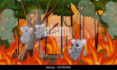 Scene with big wildfire with animal trapped in the forest illustration Stock Vector