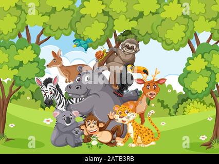 Scene with many wild animals in the park illustration Stock Vector ...