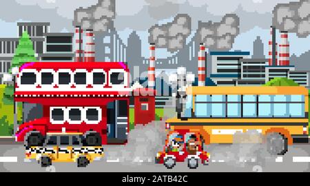 Scene with cars and factory buildings making dirty smoke in the city illustration Stock Vector