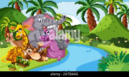 Scene with many wild animals in the forest illustration Stock Vector