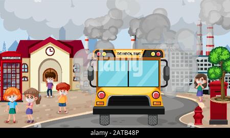 Scene with cars and factory buildings making dirty smoke in the city illustration Stock Vector