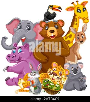 Different types of wild animals on white background illustration Stock Vector