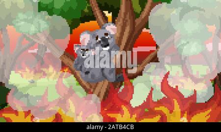 Scene with big wildfire with koalas trapped in the forest  illustration Stock Vector